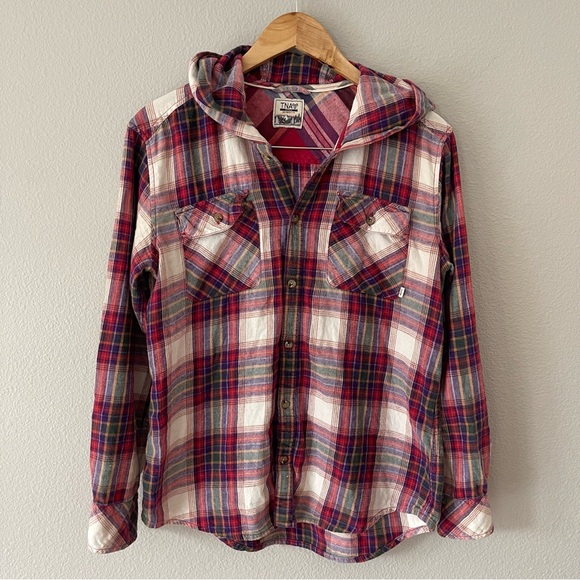 TNA Tops - Aritzia TNA Boyfriend Fit Plaid Hooded Flannel Shirt Size M